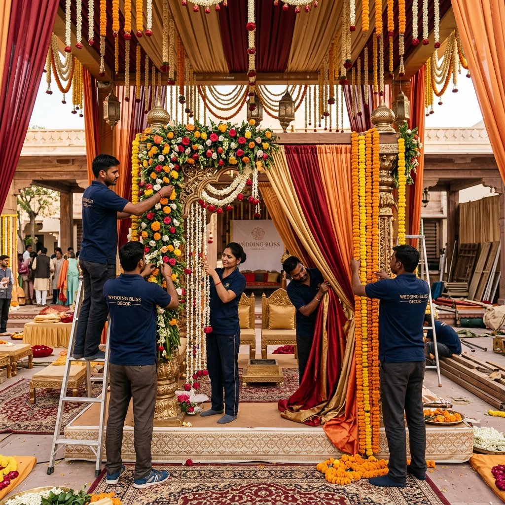 Event decorator team setting up Indian wedding stage